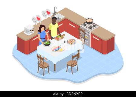 3D Isometric Flat  Illustration of Having Fun Cooking Together, Husband and Wife Preparing Food Stock Photo