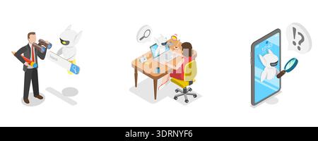 3D Isometric Flat  Illustration of AI Search, Artificial Intelligence Robot Answer Questions Stock Photo