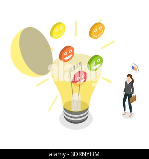 3D Isometric Flat  Illustration of Employee Happiness, Reveal Smiling Face Symbol Inside Open Lightbulb Stock Photo