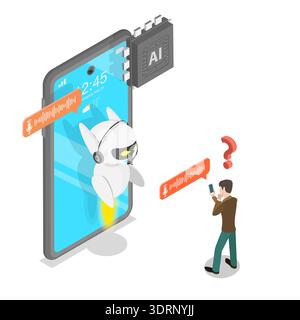 3D Isometric Flat  Illustration of Chatbot Assistant, Customer Support Solutions Stock Photo