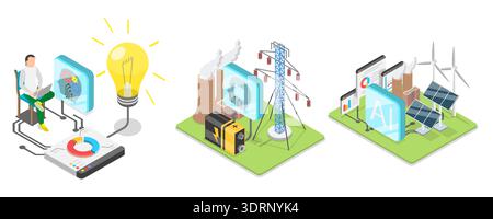 3D Isometric Flat Vector Illustration of Artificial Intelligence In Energy Production Stock Photo
