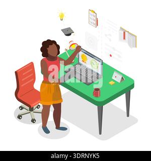 3D Isometric Flat  Illustration of Online Courses Application, Student Engaging In E-Learning With Tablet, Interacting With Virt Stock Photo