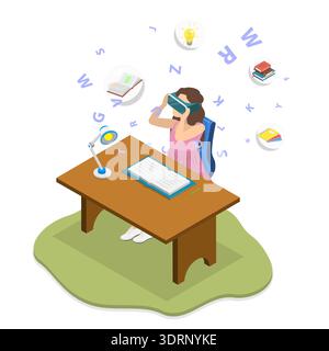 3D Isometric Flat  Illustration of Learning With Virtual Reality, Students Astonished by VR Headset Experience Stock Photo