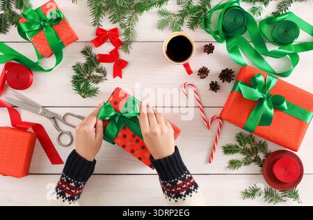Collage of Gift Wrapping Tools and Items During Holiday Season Activities in Cozy Indoor Setting Stock Photo