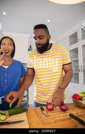 African American couple slicing cucumber and red onions on cutting board in modern kitchen. Cooking, culinary, kitchenware, life Stock Photo