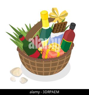 3D Isometric Flat  Illustration of Gift Hamper, Gift-Filled Wicker Basket Keake Stock Photo