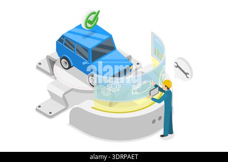 3D Isometric Flat  Illustration of Innovative Car Repair, Interacting With Virtual User Interface Stock Photo