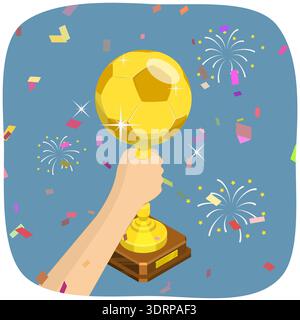 3D Isometric Flat  Illustration of Gold Cup, Soccer Ball Shaped Trophy Held By Winning Team Player Stock Photo