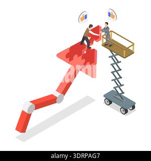 3D Isometric Flat  Illustration of Teamwork Working Together, Smart Businessmen Completes Puzzle To Achieve Growth Strategy And Stock Photo