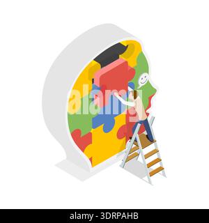 3D Isometric Flat  Illustration of Psychologic Therapy, Brain Puzzle For Problem-Solving Tasks And Challenges Stock Photo