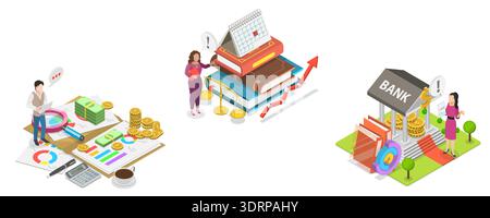 3D Isometric Flat  Illustration of Online Banking, Set Of Financial Scenes Stock Photo
