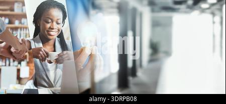 Businessman Works Online While Laughing in a Modern Office Space Stock Photo