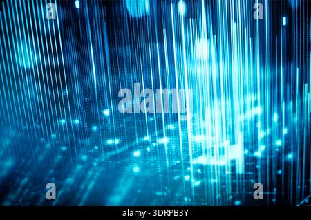 Abstract digital background featuring vertical lines and glowing particles in shades of blue, creating a futuristic atmosphere w Stock Photo