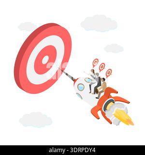 3D Isometric Flat  Illustration of Targeting A Goal, Business People Riding Rocket To Reach Target Bullseye, Teamwork Strategy F Stock Photo