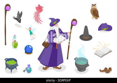 3D Isometric Flat Vector Illustration of Wizard Character Stock Photo