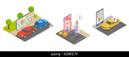 3D Isometric Flat Vector Illustration of Renting a Car Using a Mobile Application Stock Photo