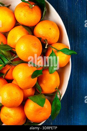 Fresh organic citrus mandarin oranges fruit (tangerines, clementines) with leaves in a light dish on a blue background close-up. Stock Photo