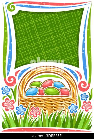 Vector poster for Easter holiday with copy space for text, white frame with blue and pink wildflowers, rustic pottle with heap of colorful eggs Stock Vector