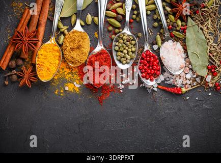 Variety of natural spices, seasonings and herbs in spoons on the stone table - paprika, curry, coriander, cardamom, turmeric, ro Stock Photo