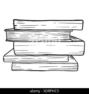Black and white illustration of a stack of four books drawn with simple lines on a white background, showing the spines and edges of each book. Stock Vector