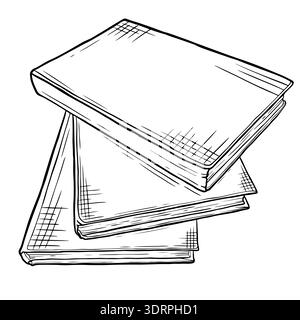 Black and white illustration of three stacked hardcover books with detailed line drawings on a plain background, emphasizing classic literary themes. Stock Vector