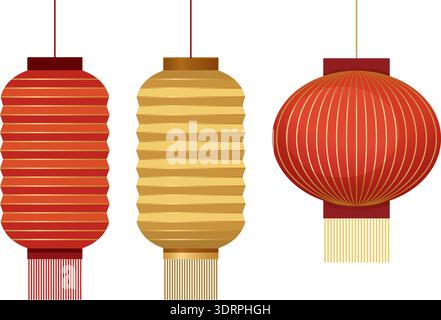 Three distinct red and gold paper lanterns hang against a white background in vector style Stock Vector