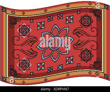 Wavy red carpet with floral and geometric patterns, bold outlines, flat vector style, vibrant colors Stock Vector