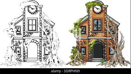 Vector illustration of ruined brick schoolhouse with clock tower, invasive tree roots, and coloring outline Stock Vector