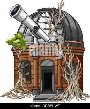 Detailed vector illustration of deserted brick observatory dome, large telescope, and encroaching twisted trees Stock Vector
