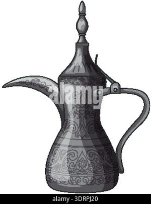 Intricately detailed metallic coffee pot with engraved patterns, isolated on white, vector art style Stock Vector
