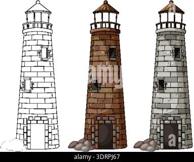 Vector stone lighthouse set with outline, brown, and gray versions, isolated on white background Stock Vector