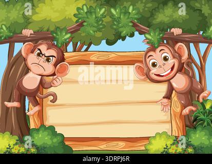 Smiling and angry cartoon monkeys hang on wooden signboard in lush green jungle setting Stock Vector