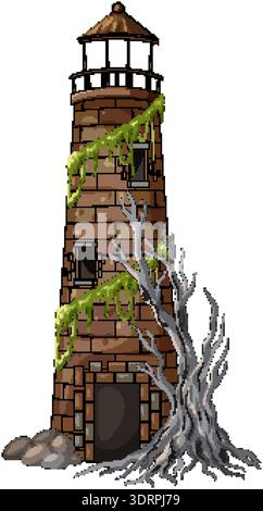 Old brick lighthouse tower with moss and dead tree, isolated vector illustration on white Stock Vector