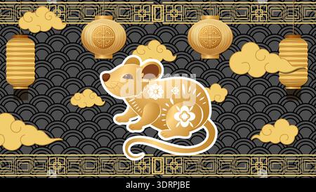 Golden rat vector illustration with traditional lanterns and clouds on a dark patterned background Stock Vector