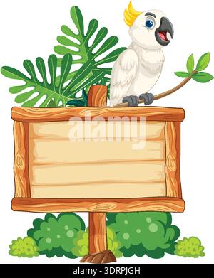 Vector cockatoo perched on wooden sign, surrounded by tropical leaves, bright cartoon style Stock Vector