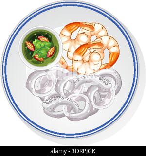 Shrimp, squid rings, and spicy green sauce on a white plate, top view illustration. Stock Vector
