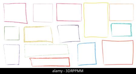 Colorful crayon frame borders collection. Hand drawn childlike squares and rectangles with rough texture for kindergarten posters, kids invitations Stock Vector