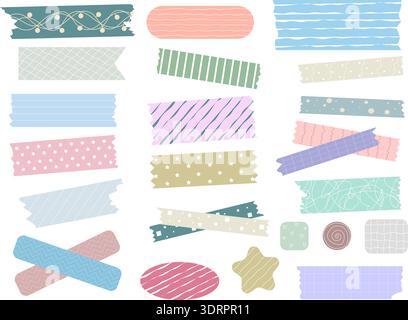 Set of cute decorative adhesive tapes. Various colored stickers with patterns. Scotch tape and ribbons for decorating your diary, notes, notebooks Stock Vector