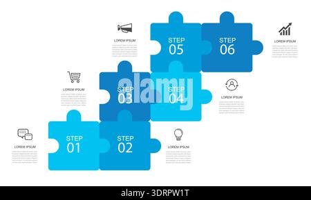 6 steps successful business growth strategy with jigsaw puzzle infographic steps. Stock Vector