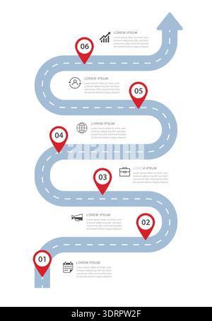Business roadmap infographic with six steps and red pin pointers on the road. Stock Vector