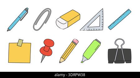 Hand drawn back to school stationery and office equipment collection doodle style. Stock Vector