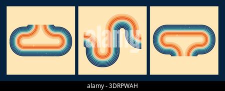 Collection with 3 square designs. Groovy rainbow stripes in orange and blue color. Stock Vector