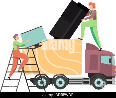 Relocation concept with worker loading belonging into delivery truck vector icon isolated on white Stock Vector