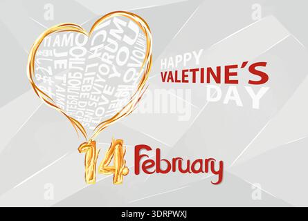 14 February Valentine's Day greeting card vector illustration, a heart with a fire burning inside, "I love you" written in every language. Stock Vector