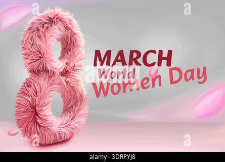 A 3D number eight, drawn with pink feathers on a gray background, along with the message "Happy International Women's Day". Stock Vector