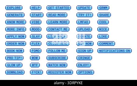 Social media engagement retro pixel style blue buttons set Stock Vector