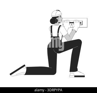 Female construction worker applying wall putty 2D line character Stock Vector