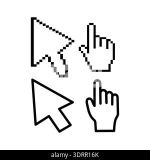 Pixel mouse cursor and hand pointer icon. Clipart image isolated on white background. Stock Vector