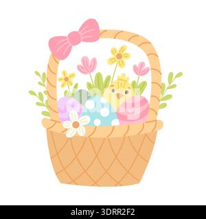Basket with Easter eggs. Happy Easter cute colorful vector illustration. Springtime holiday gift. Stock Vector