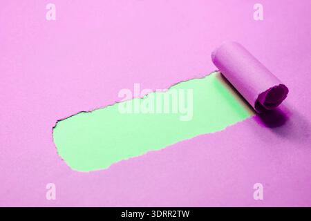 Torn Paper Reveal on pink Background with Soft green Layer. High quality photo Stock Photo